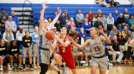 Women playing a college basketball game