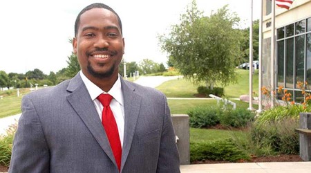 LaShon Stevens smiling on campus